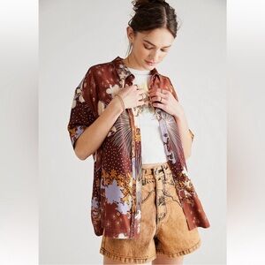 We The Free Brown and White Short Sleeve Button Down Share Good Vibes Shirt